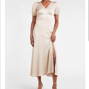Satin puff sleeve V-neck maxi dress in sorbet (Champagne